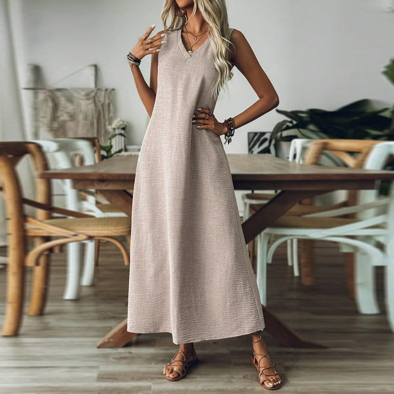 casual beige dress outfit ROVE Linen-Cotton Midi Dress - Back Ties
