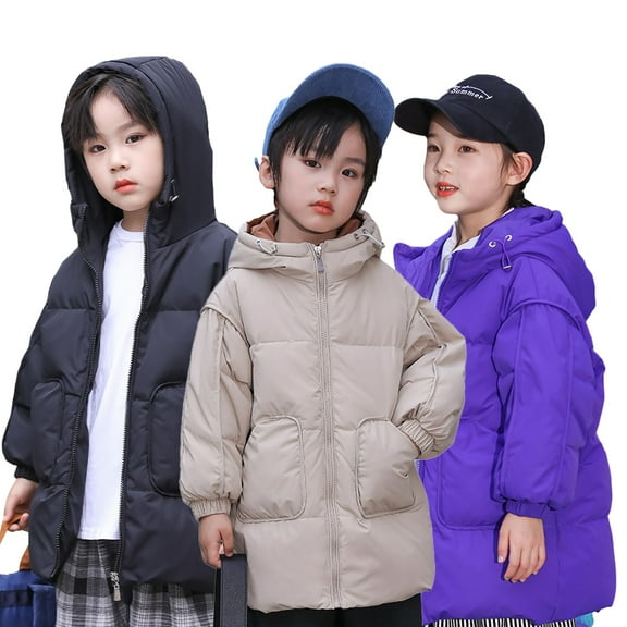 Esaierr Middle Large Kids Hooded Puffer Down Jacket for Boys Girls Winter Mid-Length Warm Puffer Down Coats Toddler Zipper with Pockets Outwear 3-12 Years Old