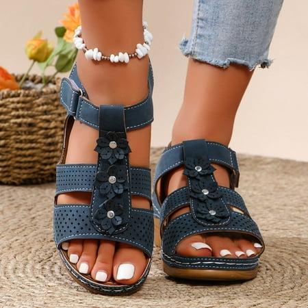Up to 60% OFF  Women s Summer Open Toe Flower Wedge Sandals  Large Size  Breathable Comfort  Hollow Beach Shoes  Casual Fish Mouth Design  Lightweight  Casual Wear  Plus Size Tops Women | Navy 40