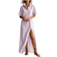 thumbnail image 5 of Women's Maxi Dress, Casual V-Neck Short Sleeve Striped Print with Side Split, Lightweight Flowy Dress for Summer Beach or Resort Wear, 2026 New Limited-time Offer, 5 of 6