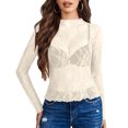 thumbnail image 3 of Womens Lace Long Sleeve Mesh Tops Mock Neck Sheer Blouse Sexy See Through Floral Layering Tee Shirt, 3 of 6