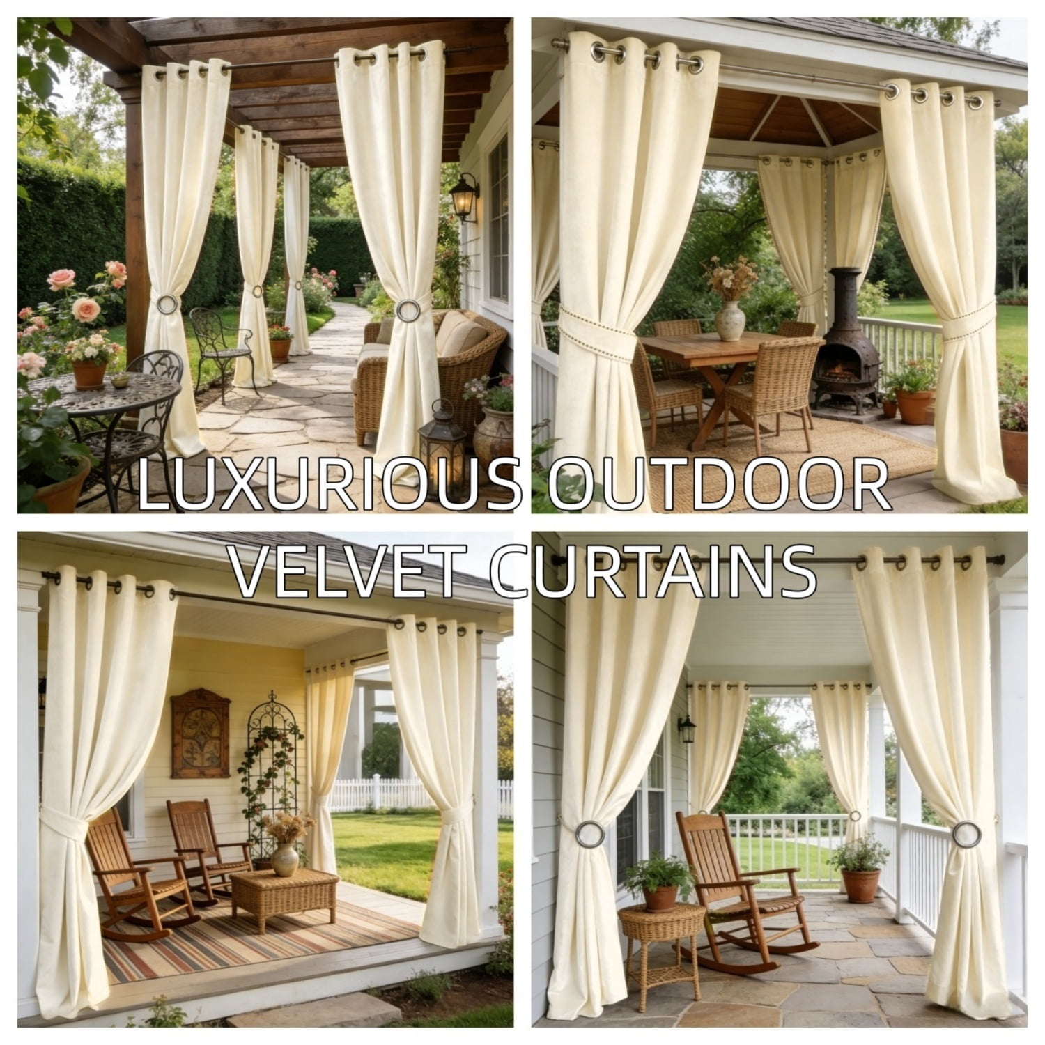 SNITIE Velvet Outdoor Curtains 52x84/96/108 Inch Set of 4 - Grommet Top, UV & Water Resistant, Fade-Resistant, Machine Washable for Gazebo Patio Porch