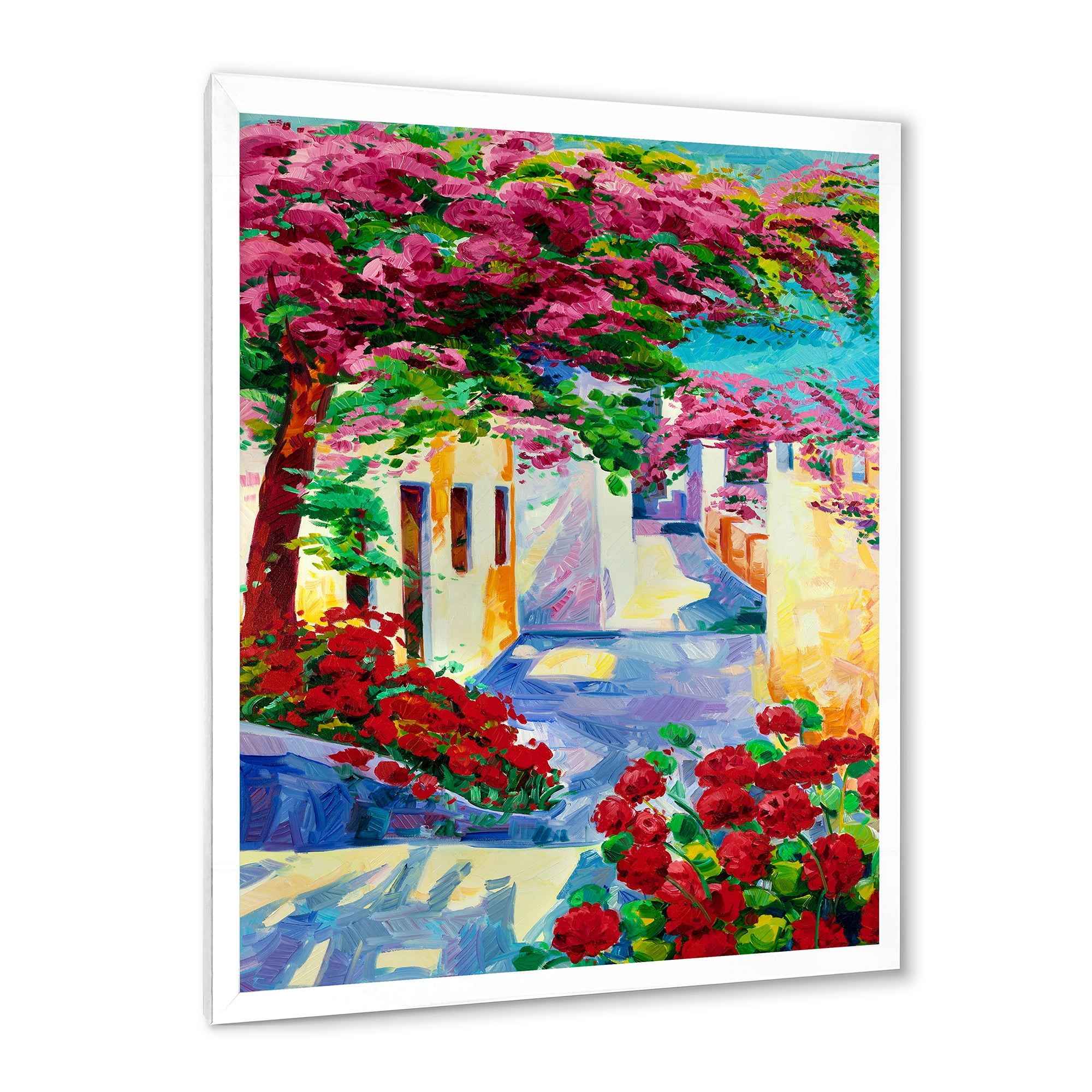 Designart 'Colorful Traditional Santorini Houses Among Flowers' Nautical & Coastal Framed Art Print