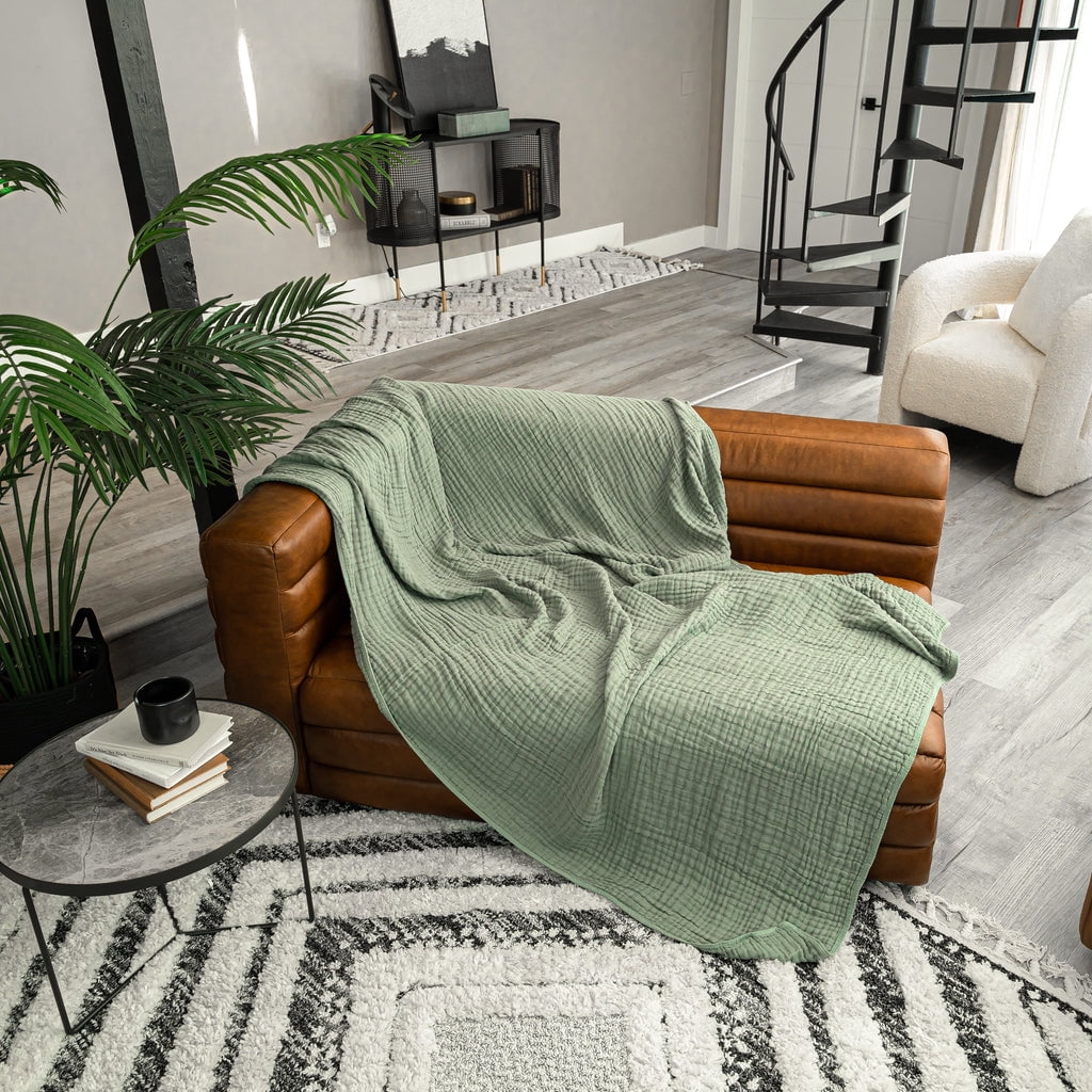 Comfy Cubs Muslin Blanket, Large Size 50” x 60”, 6 Layer Cooling Cotton Softness (Sage, Throw)