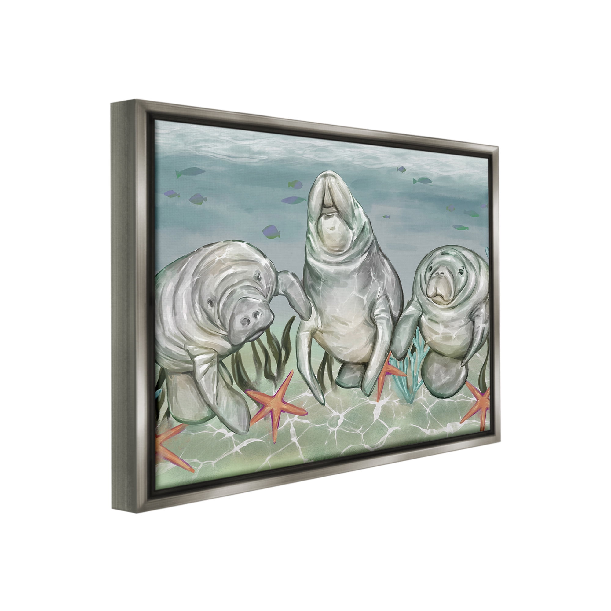Stupell Industries Underwater Manatees & Starfish Animals & Insects Painting Gray Floater Framed Canvas Art Print Wall Art, 31 x 25