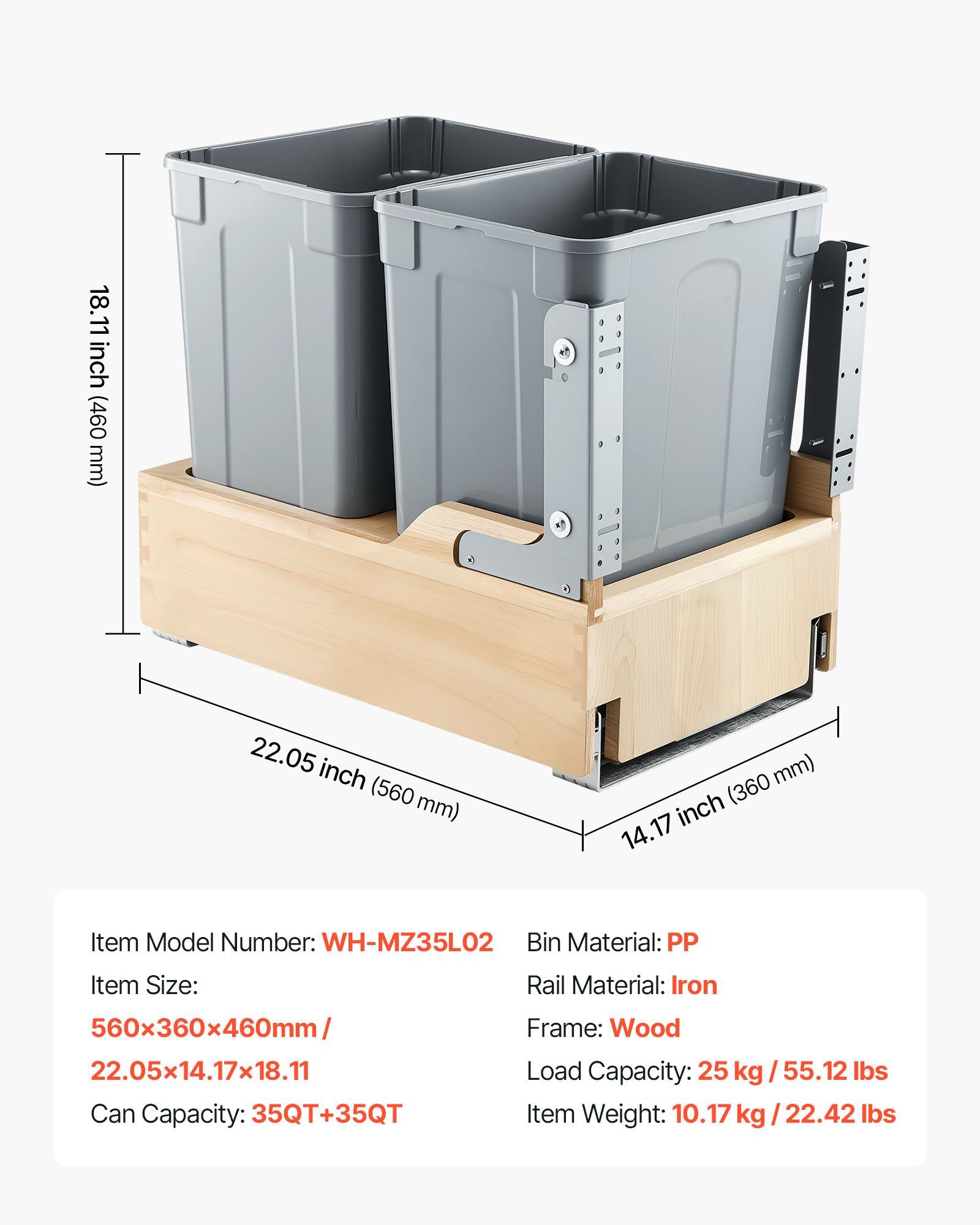 Double 35QT×2 Pull-Out Waste Container, Under Cabinet Dual Kitchen Trash Bin with Soft-Close Slides, 70QT Total Capacity Hidden Garbage Can with Door-Mount Kit, Heavy-Duty Frame, Easy Installation