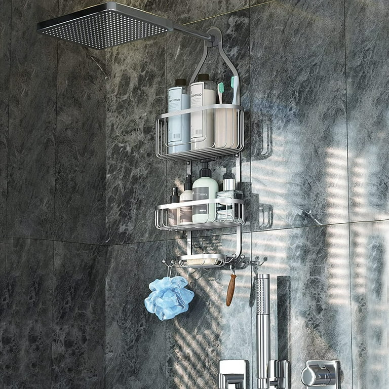Silver Shower Caddy over Shower Head, Hanging Shower Organizer, Bathroom  Shampoo Holder with Hooks for Razor
