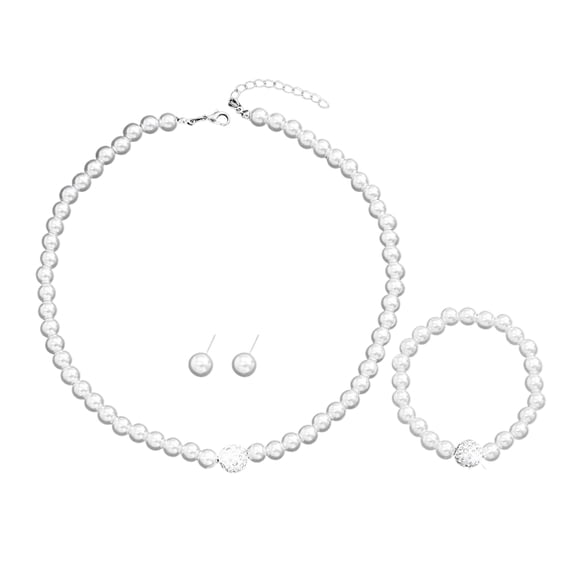 HUANLEDASH 3 Pcs/Set Women Jewelry Set Faux Pearl Earrings Necklace Bracelet Adjustable Length Rhinestone Decor Polished Prom Party Wedding Party Bride Jewelry