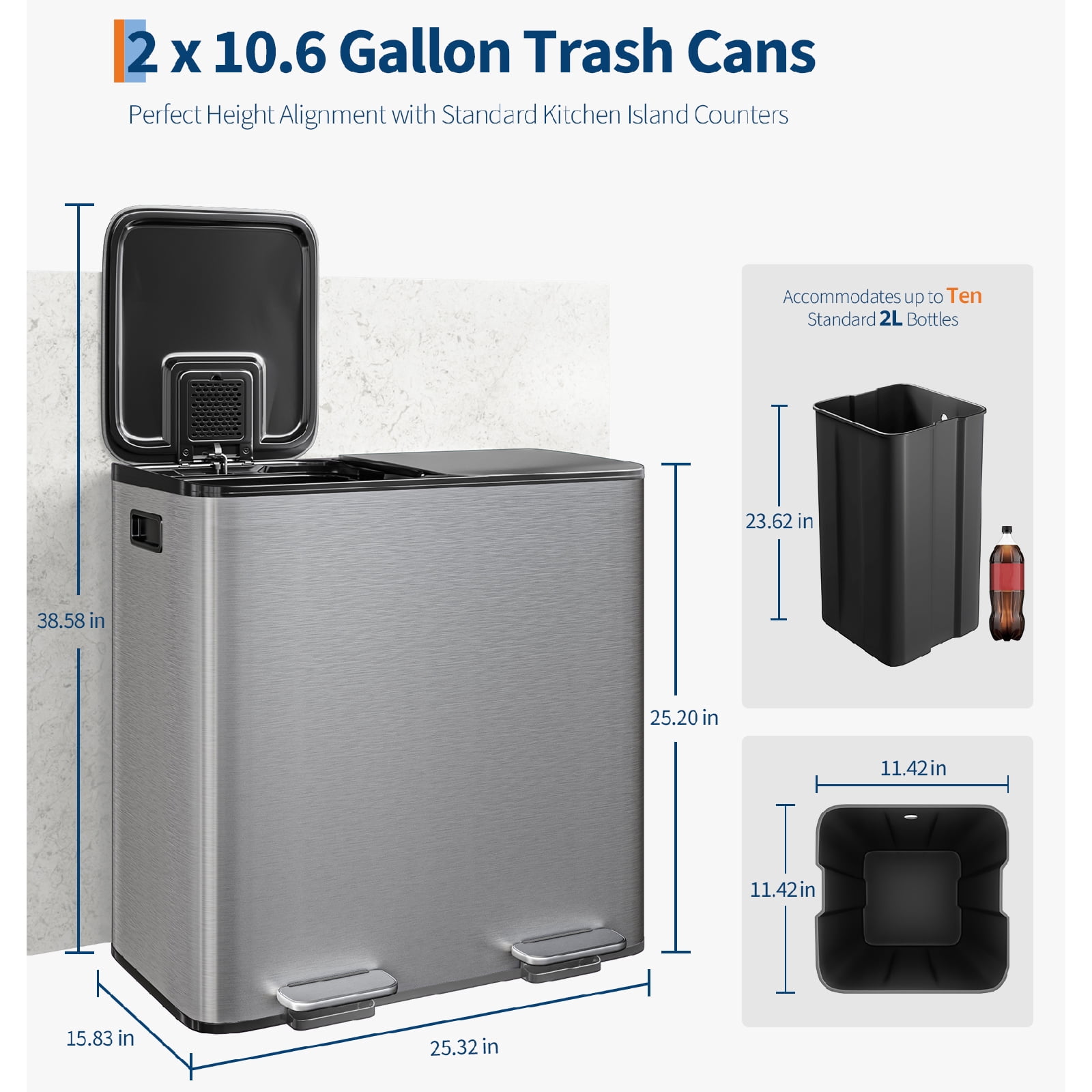 Premium Stainless Steel Dual Compartment Trash Can - 30L/40L Step-on Kitchen Garbage Bin w/Removable Inner Buckets (Silver/Black/Grey)
