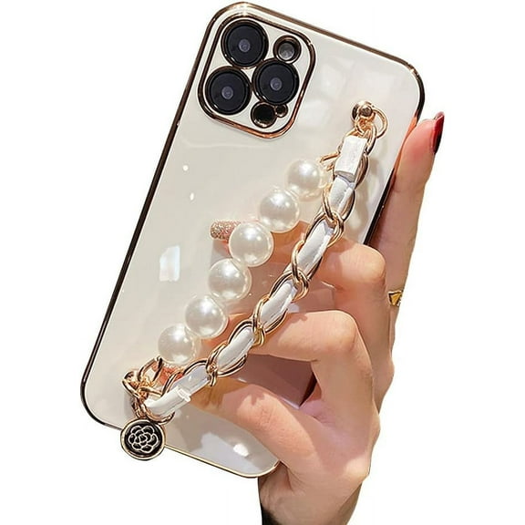 Compatible with iPhone Case,Cool Electro Plated Pearl with Wristband Strap Bracelet Chain Camera Lens Protection Soft Shockproof Cover Phone Case (White,iPhone 11)