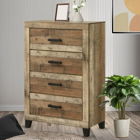 Kings Brand Furniture Biloxi 4- Drawer Chest Dresser, Fabric Storage Tower for Bedroom & Hallway (Antique Natural)