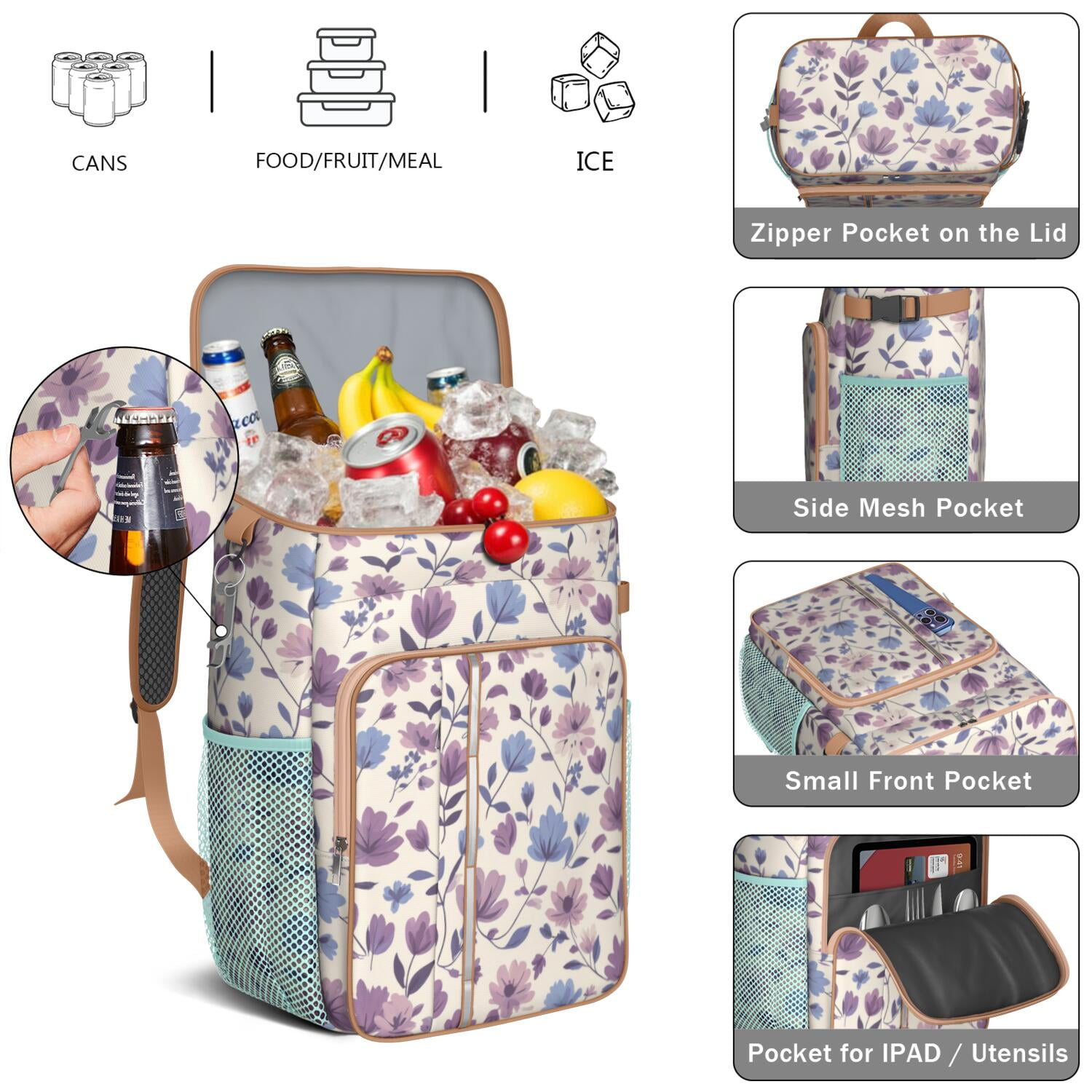Travel Cooler Bag - Pioneer Flower Camping Beer Cooler Backpack with Bottle Opener- Waterproof Insulated Picnic Backpacks - Cooler Bag for Beach