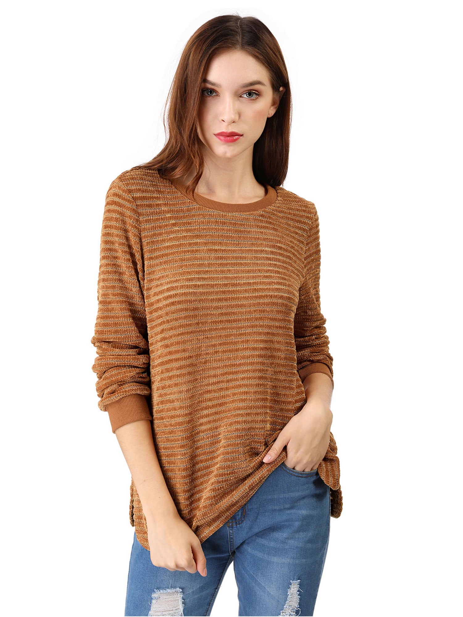 Unique Bargains - Women's Round Neck Tops Long Sleeve Knit Pullover ...