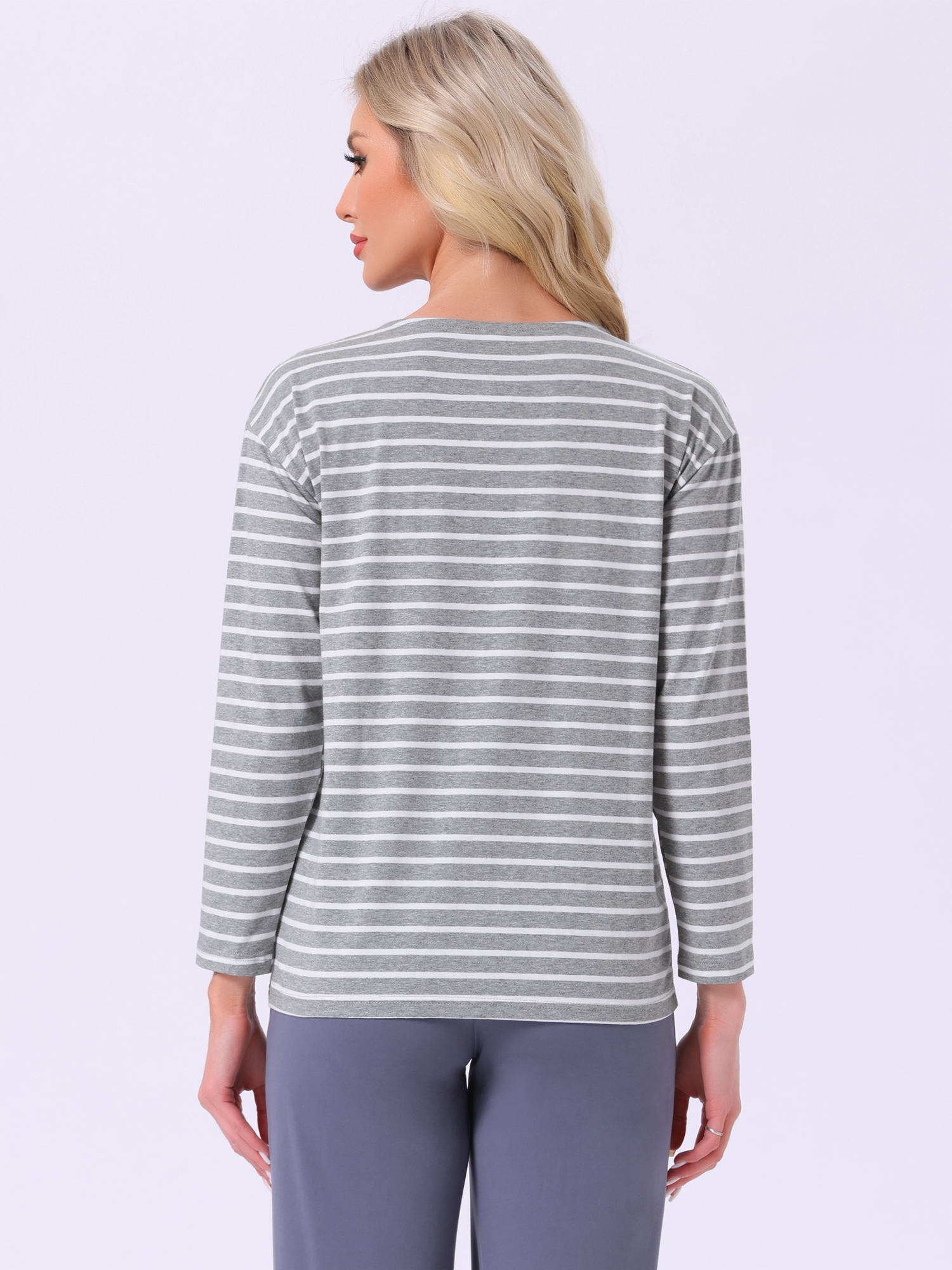 DARING DIVA Pajama Striped Cotton Long Sleeve Crew Neck Sleep Shirts L Grey Striped
