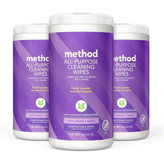 All-Purpose Cleaning Wipes, French Lavender, Multi-Surface, Compostable, 70 Count, (Pack of 3)