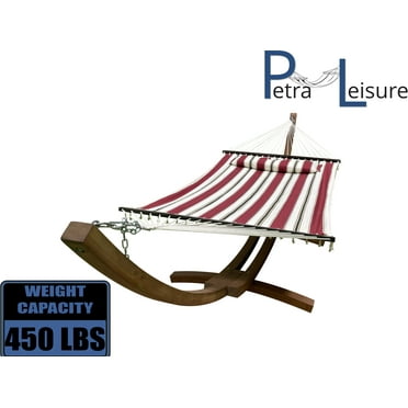 Petra Leisure 14 Ft. Teak Wooden Arc Hammock Stand + Deluxe Quilted Elegant Red Stripe, Double Padded Hammock Bed w/Pillow. 2 Person Bed. 450 LB Capacity&nbsp;