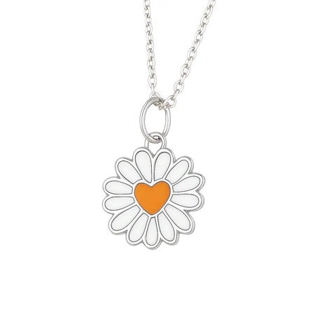 Sterling Silver White and Yellow Enamel Daisy Flower Pendant and Rollo chain 16 inches