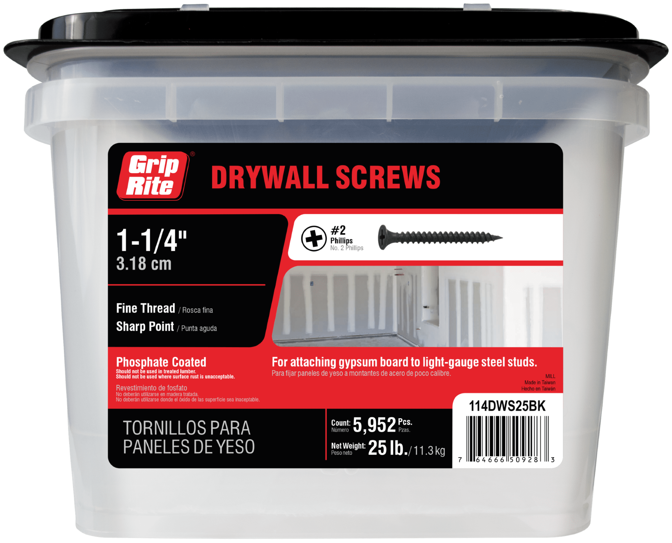 Grip-Rite 114DWS25BK 6-by-1-1/4-Inch Fine Thread Drywall Screws with Bugle Head 25-Pound Bucket Black 