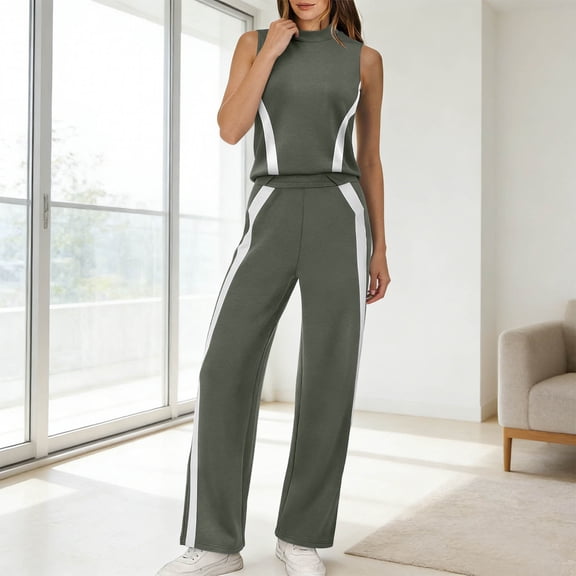 Maqroz 2 Piece Tracksuit for Women Sleeveless Mock Neck Crop Tops and High Waisted Straight Leg Pants with Side Stripes Athletic Workout Outfits for Running Yoga