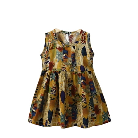 WEIWEN Toddler Girls Dresses Cute Flower Little Girl Sleeveless Summer Princess Dress Cotton Casual Beach Sundress 2 3 4 5 6 7 8 9T Gold 6-7 Years