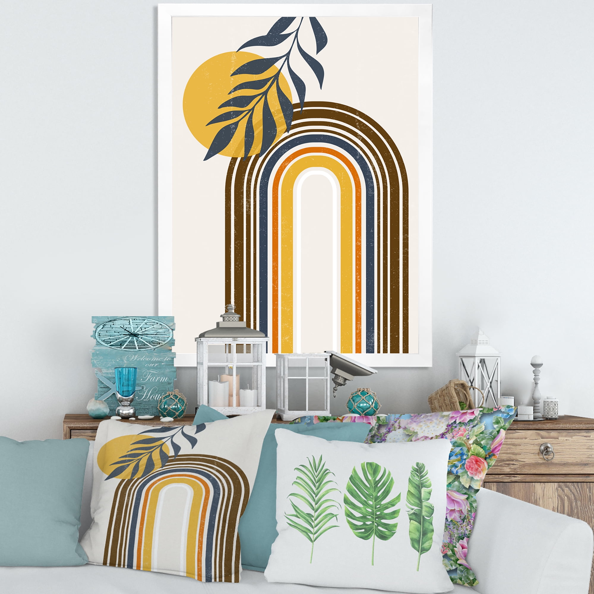 Designart 'Abstract Moon Sun Leaves II' Modern Framed Art Print
