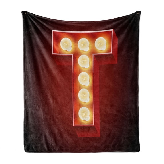 Letter T Soft Flannel Fleece Throw Blanket, Cinema Circus Club Theme Old Fashioned Show Business Inspired Typography, Cozy Plush for Indoor and Outdoor Use, 50" x 60", Ruby Yellow Black, by Ambesonne