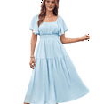 thumbnail image 3 of Women'S Summer Short Sleeve Square Neck Smocked Waist Casual Vacation Tiered Flowy Maxi Dress Light Blue S, 3 of 6
