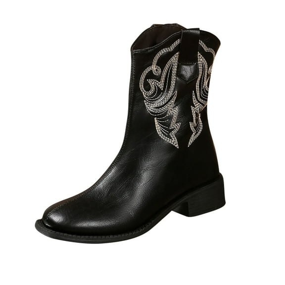 Black Women'S Embroidered Fashion Boots Mid Calf Pointed Toe With Chunky Heel V-Neck Back Zipper Slim Fit Fashion Casual Winter Comfortable Walking Shoes Pu Material