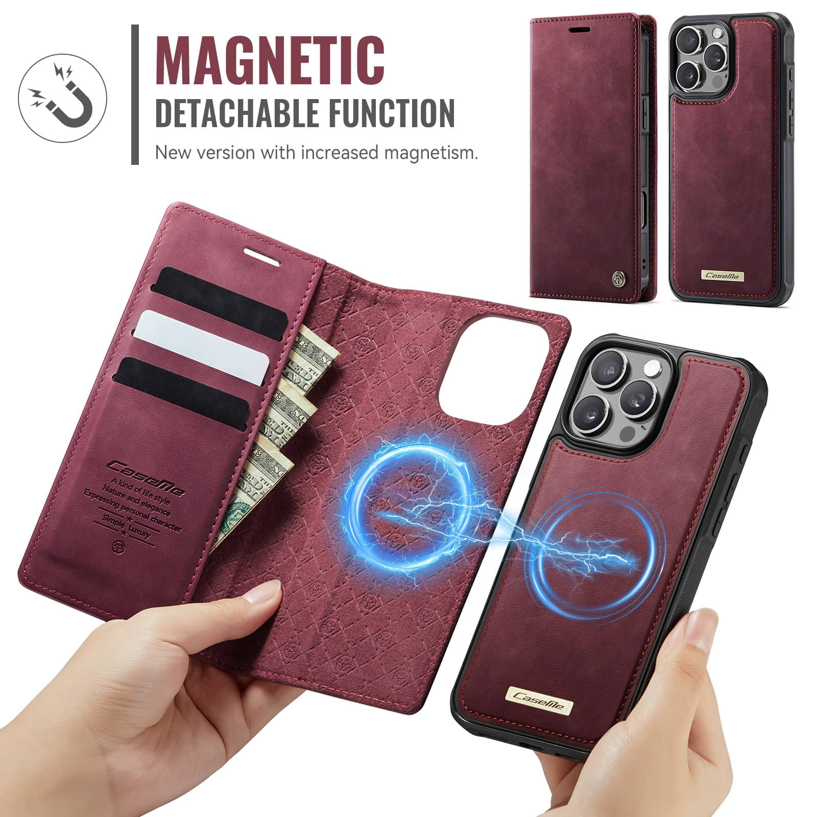Magnetic 2 in 1 Magsafe Detachable Wallet Case for iPhone 16 Pro Max with Card Holder Women Men, Retro PU Leather【RFID Blocking】Kickstand Shockproof Cover