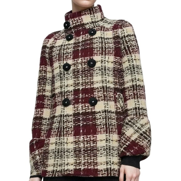 Womens Plaid Wool Trench Pea Coat Winter Dressy Double Breast Stand Collar Jacket Deep Red M