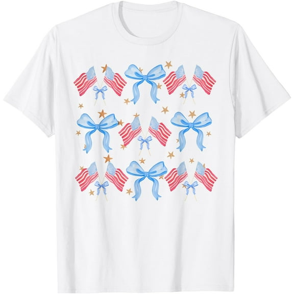 Coquette Bow 4th of July Shirt American Flag Women Girls T-Shirt , White