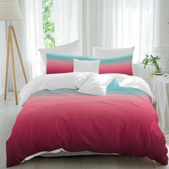 3 Piece Teal Pimk Ombre Duvet Cover Set Twin Size,Microfiber Comforter/Quilt Cover with Corner Ties and 2 Pillowcases,Modern Geometric Striped Abstract Art All Season Soft Bedding with Zipper Closure