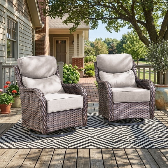 PARKWELL Outdoor Swivel Glider Chair Set of 2,Luxury High Back 6-Inch Thick Cushions Swivel Rocker Rocking Lounge Chair,Patio Bistro Set for Porch Deck Backyard,Brown/Beige