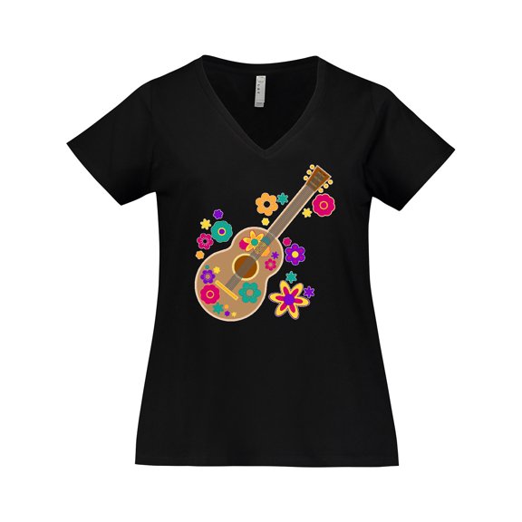 Inktastic Acoustic Guitar with Colorful Flowers Women's Plus Size V-Neck T-Shirt