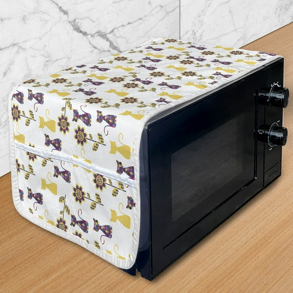 Cat Lover Microwave Oven Cover, Funny Poly Art Style Kitty Design with Sunflowers Geometric Fractal, Water Resistant Organizer with Pockets for Kitchen, 36" x 12", White and Multicolor, by Ambesonne