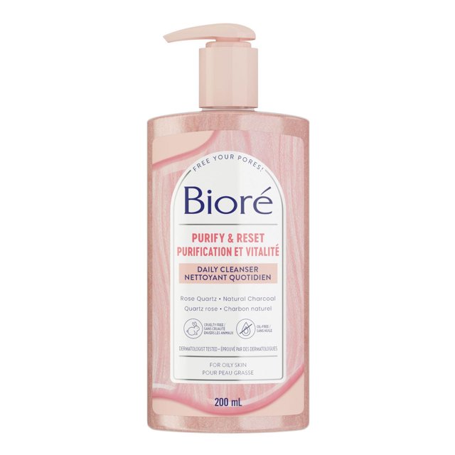 Bioré Rose Quartz + Charcoal Daily Purifying Cleanser, Face Wash for Oily Skin, 200mL | Made in Canada