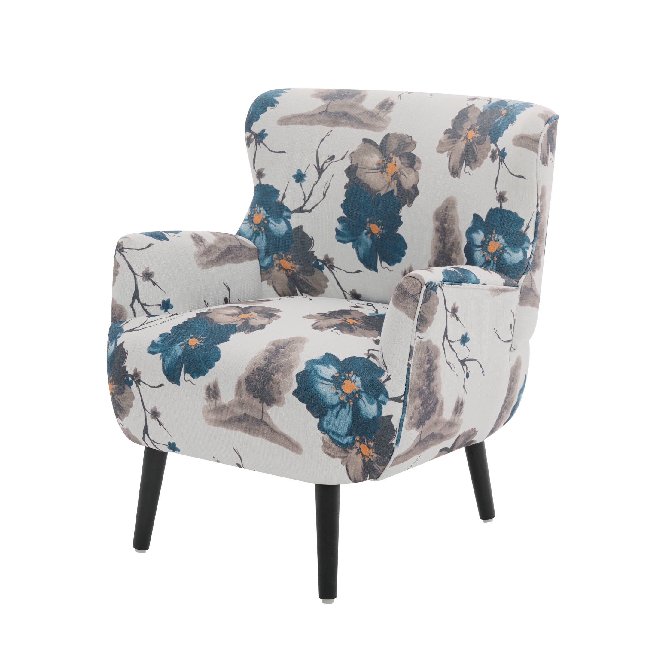 Christopher Knight Home Floral Upholstered Accent Club Chair with Round Arms, Wooden Legs, White+Blue