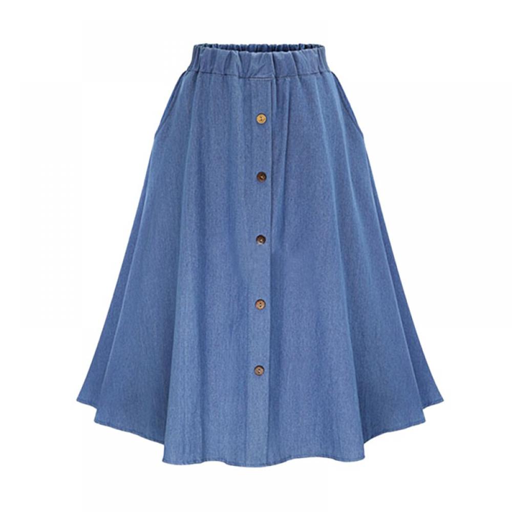 Wuffmeow Women's Casual High Waist Pleated A-Line Midi Denim Skirt with ...