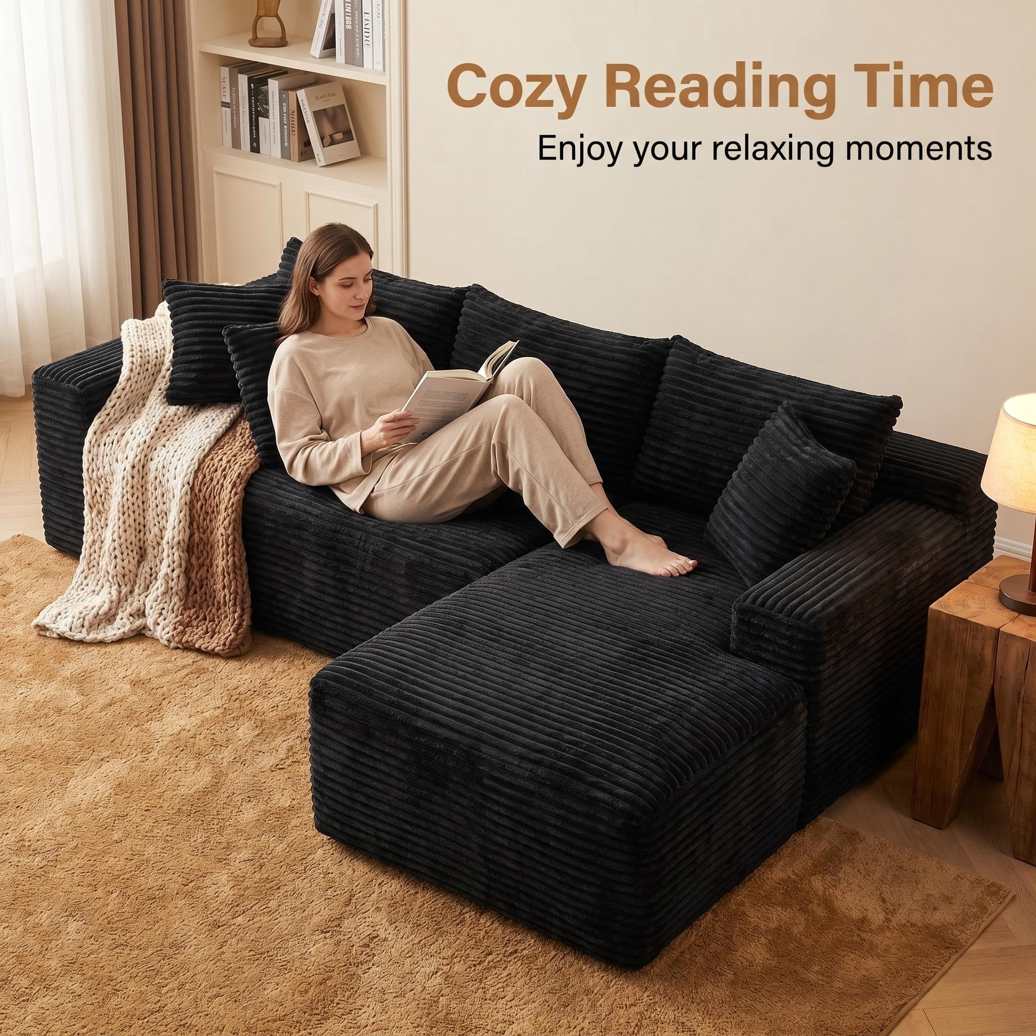avobird 94.5" Cloud Modular Sectional Sofa Couch with Left Side L-Shape Chaise,Modern Corduroy Upholstered Couches for Living Room Bedroom,Deep Seat Corner Couch, Black