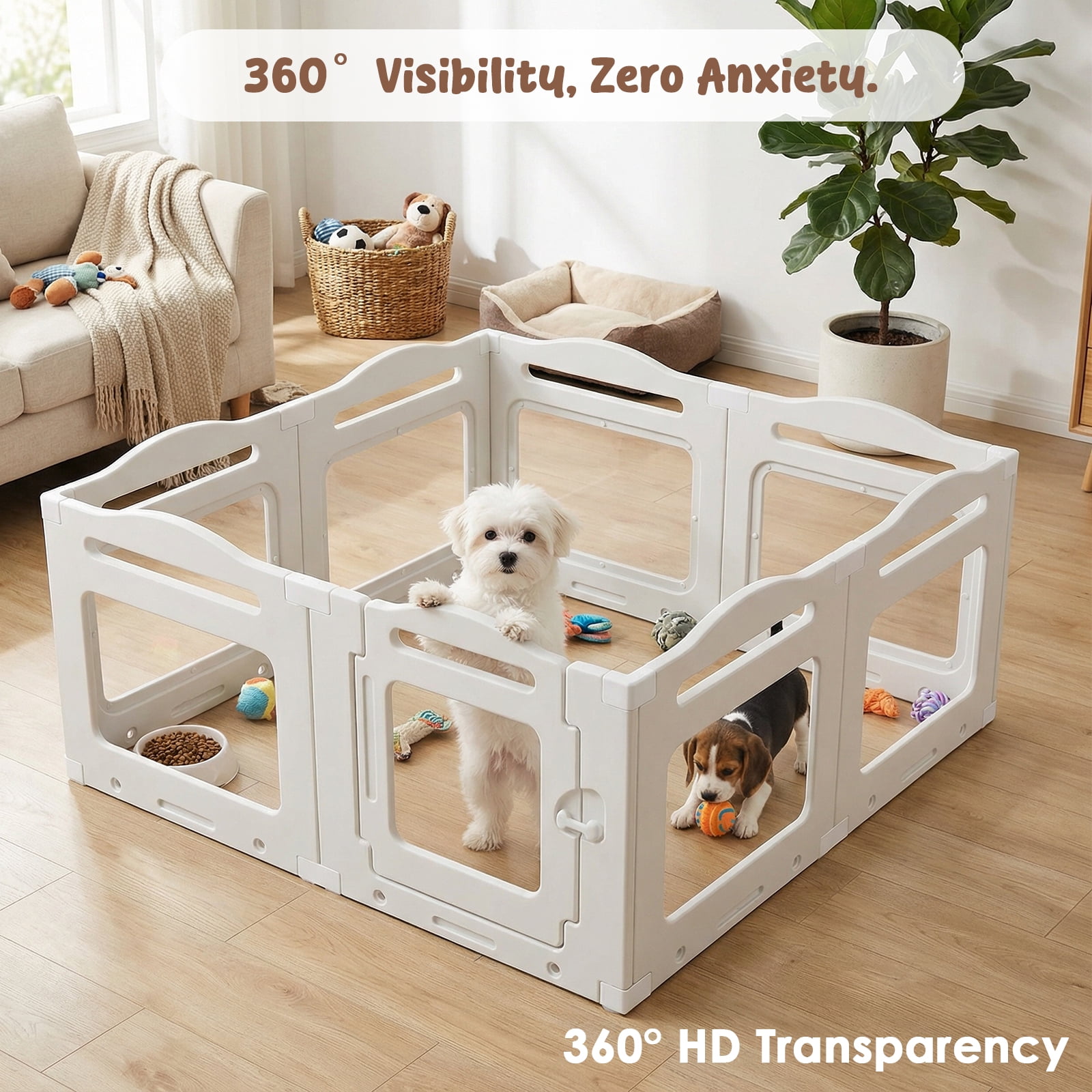 TLSUNNY Clear Acrylic Dog Playpen with Secure Locking Door, 23.6" Puppy Playpen Indoor , Plastic Pet Fence for Medium/Small Dogs (8 Panels)
