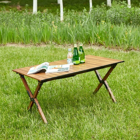 Folding Outdoor Table,Lightweight Aluminum Roll-up Rectangular Table for indoor, Outdoor Camping, Picnics,Beach,Backyard, BBQ, Party, Patio, Brown