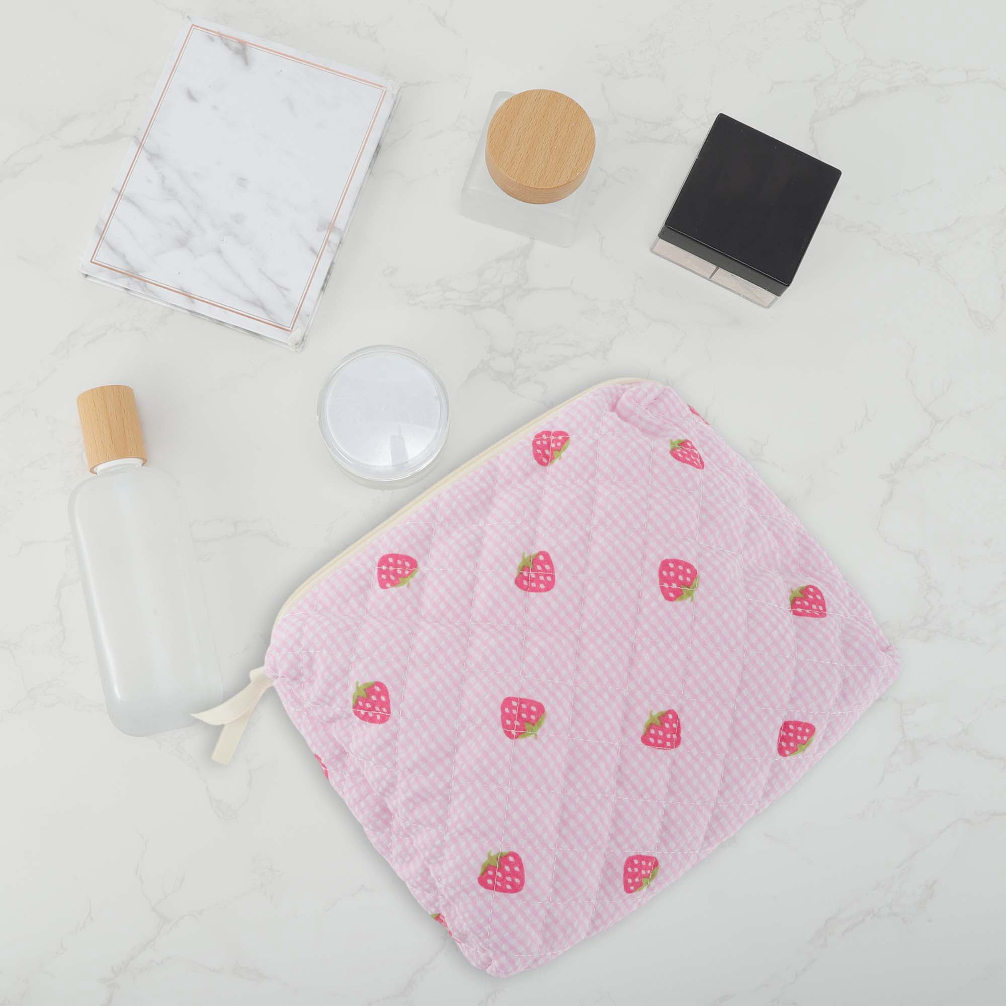 Unique Bargains 1 Pc Strawberry Makeup Bag Pink [Quilted Stripe Strawberry Square Medium]