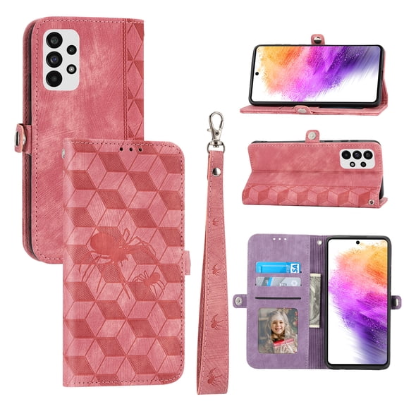 TECH CIRCLE Case for Samsung Galaxy A73 5G,PU Leather Wallet Folio Flip Case Card Holder Slots Magnetic Closure Shockproof Protective Case with Wrist Strap for Samsung Galaxy A73 5G,Pink