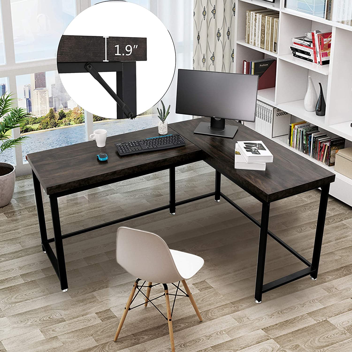 Ivinta Industrial L-Shaped Desk, Thickened 2" Desktop(Brown)