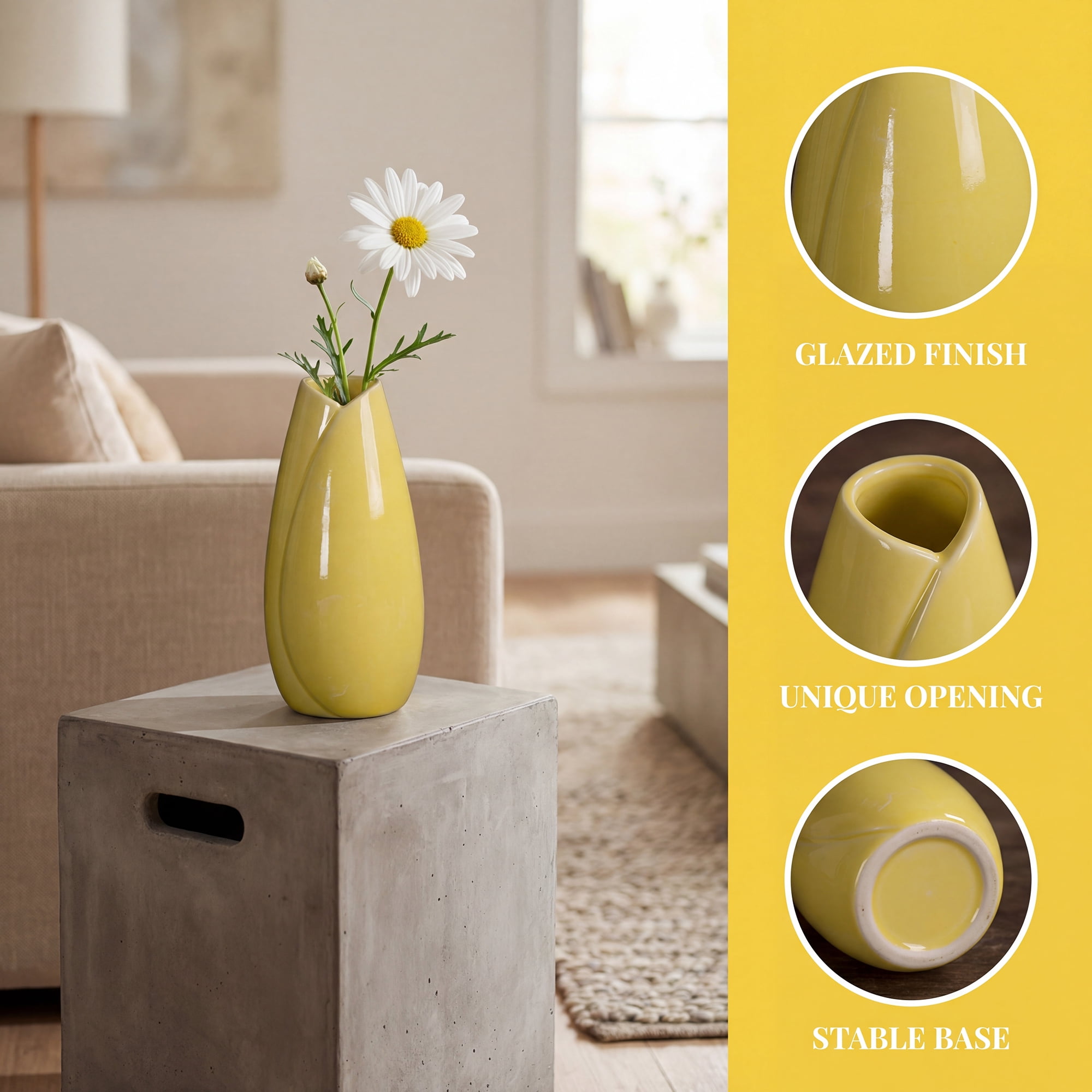 Unique Bargains Modern Matte Ribbed Decorative Flower Vase for Desktop & Bathroom Yellow
