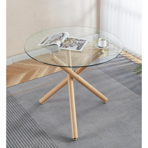 36" Round Dining Table for 2-4, Modern Glass Kitchen Dining Room Table with Oak Cross-Shape Metal Legs, Small Circle Dinner Coffee Tables for Kitchen, Dining Room, Living Room