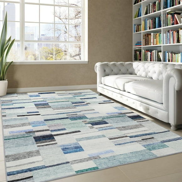 HOMERRY Grand Tapis 8 Pieds x 10 Pieds Tapis à Carreaux Géométriques pour Salon Lavable Résistant aux Taches Qui Ne Perd Pas Ses Fibres Tapis Intérieur à Poils Courts, Bleu
