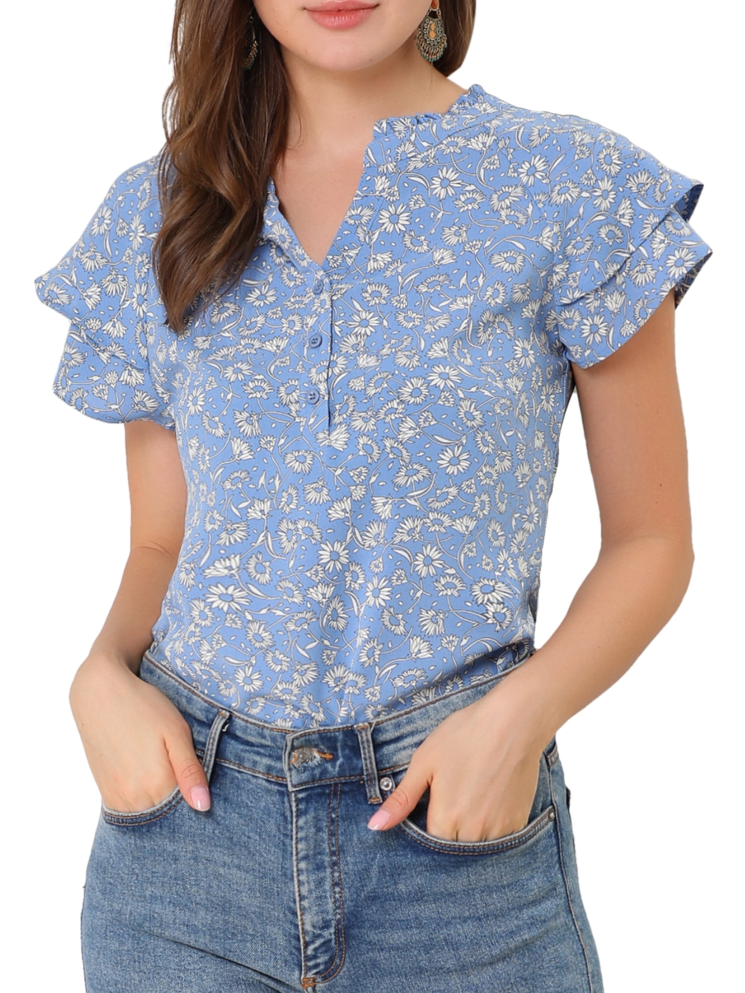 Unique Bargains Women's Floral Print Top Tiered Sleeve Button Down V Neck Blouse Blue M