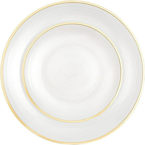 EcoQuality Combo Set 7" Dessert Plates and 10" inch Round Pearl White Plastic Plates with Gold Rim, Disposable China Like Party Plate, Heavy Duty Dinner Charger Plate, Salad, Wedding, Tableware (8)