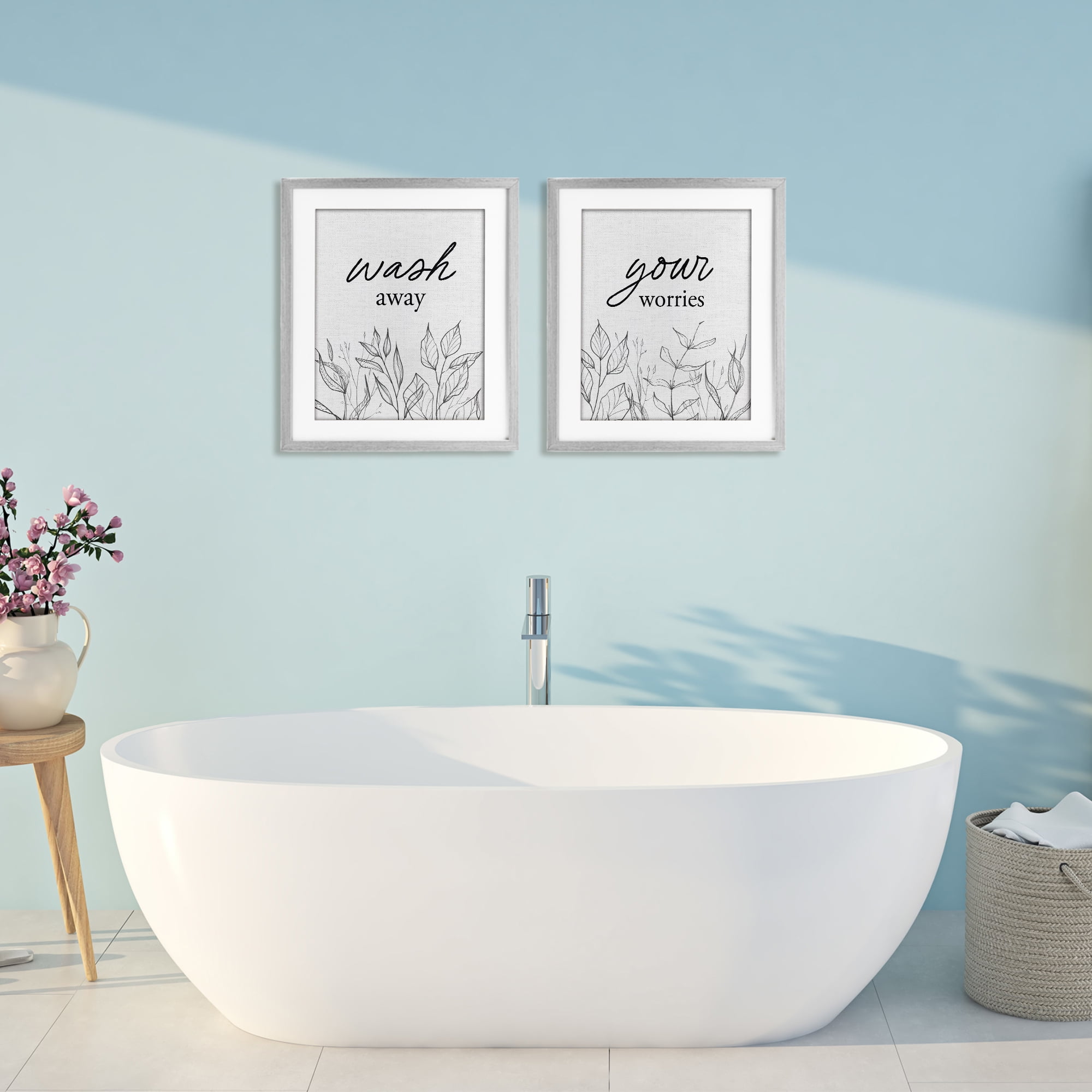 Wash Away Worries Minimalist Leaves 2 Piece Gray Framed Print Under Glass Set, design by Lettered and Lined
